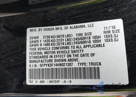 2017 Honda Ridgeline Sport z USA, uszkodzony, nr VIN 5FPYK3F14HB021307